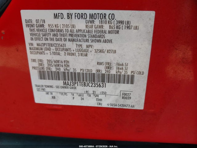 Продажа на аукционе авто 2018 Ford Ecosport Se, vin: MAJ3P1TE8JC235631, номер лота: 45736984