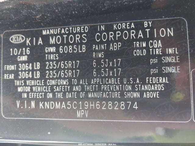 2017 Kia Sedona L მანქანა იყიდება აუქციონზე, vin: KNDMA5C19H6282874, აუქციონის ნომერი: 45736990