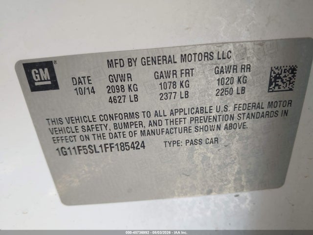 45736992 :رقم المزاد ، 1G11F5SL1FF185424 vin ، 2015 Chevrolet Malibu 1lz مزاد بيع