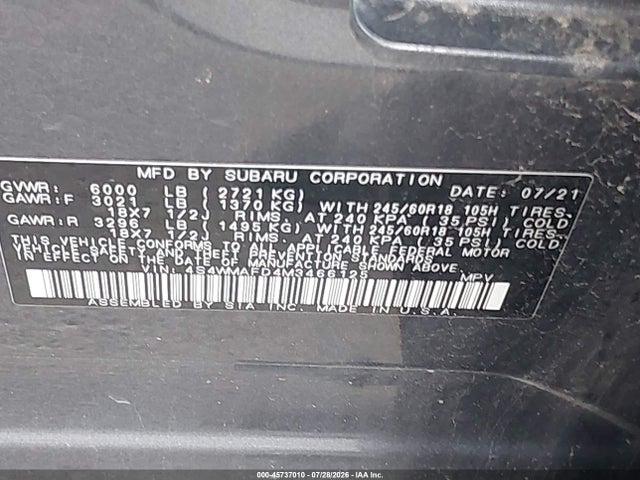 45737010 :رقم المزاد ، 4S4WMAFD4M3466125 vin ، 2021 Subaru Ascent Premium مزاد بيع
