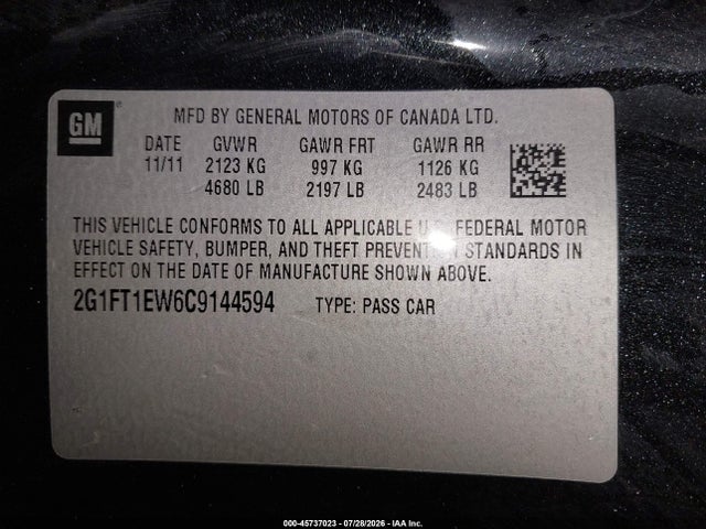45737023 :رقم المزاد ، 2G1FT1EW6C9144594 vin ، 2012 Chevrolet Camaro 2ss مزاد بيع