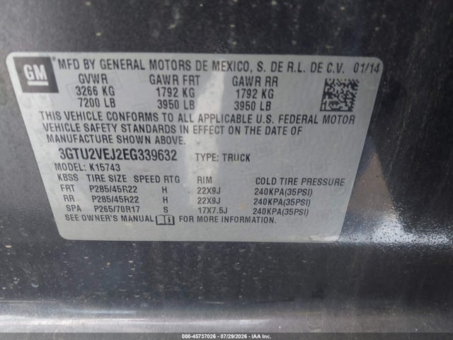 Продаж на аукціоні авто 2014 Gmc Sierra 1500 Slt, vin: 3GTU2VEJ2EG339632, номер лоту: 45737026