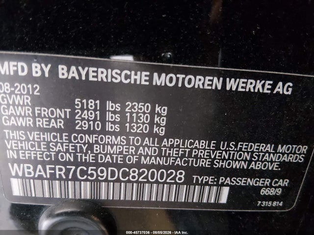 2013 Bmw 535i მანქანა იყიდება აუქციონზე, vin: WBAFR7C59DC820028, აუქციონის ნომერი: 45737036