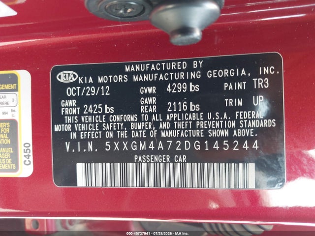 Продажа на аукционе авто 2013 Kia Optima Lx, vin: 5XXGM4A72DG145244, номер лота: 45737041