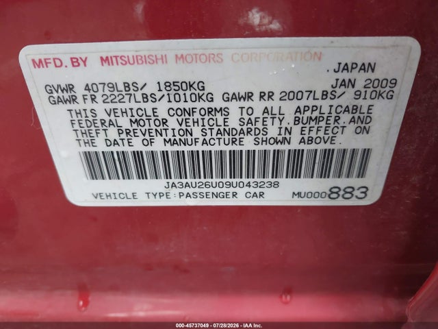 Aukcja sprzedaży 2009 Mitsubishi Lancer Es/es-sport, vin: JA3AU26U09U043238, numer aukcji: 45737049