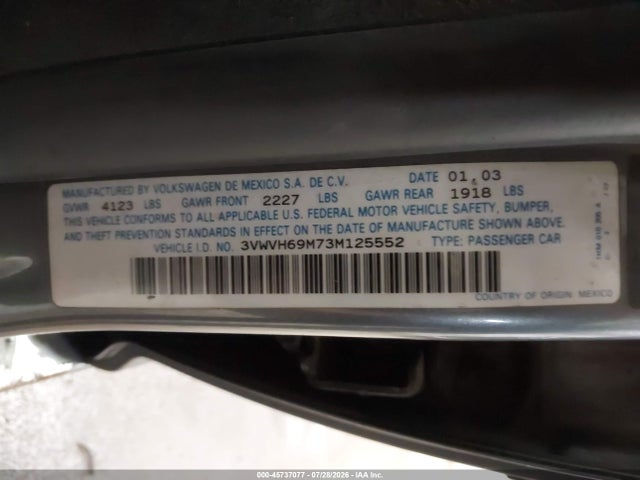 2003 Volkswagen Jetta Gli მანქანა იყიდება აუქციონზე, vin: 3VWVH69M73M125552, აუქციონის ნომერი: 45737077