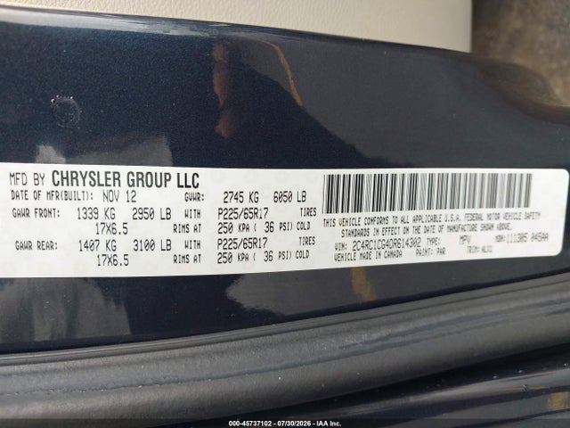Продажа на аукционе авто 2013 Chrysler Town & Country Touring-l, vin: 2C4RC1CG4DR614302, номер лота: 45737102