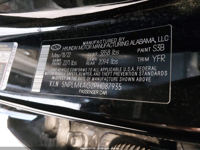 Aukcja sprzedaży 2023 Hyundai Elantra Sel, vin: 5NPLM4AG2PH087935, numer aukcji: 45737115