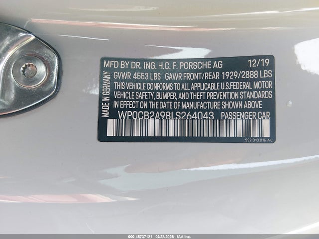Auction sale of the 2020 Porsche 911 Carrera 4s Cabriolet/carrera S Cabriolet, vin: WP0CB2A98LS264043, lot number: 45737121