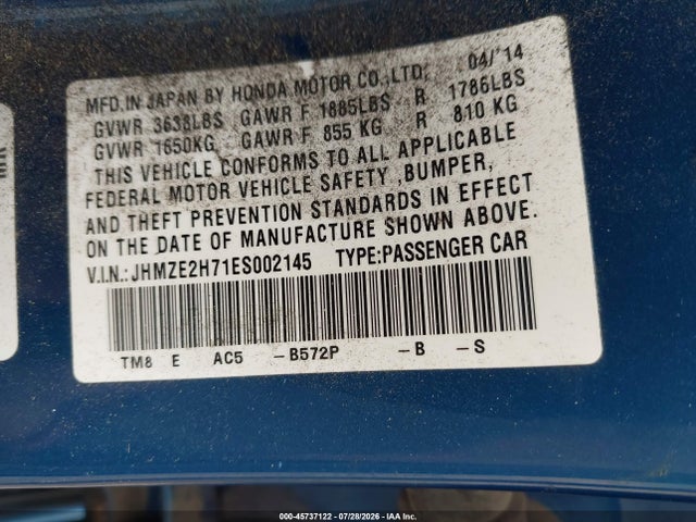 45737122 :رقم المزاد ، JHMZE2H71ES002145 vin ، 2014 Honda Insight Ex مزاد بيع