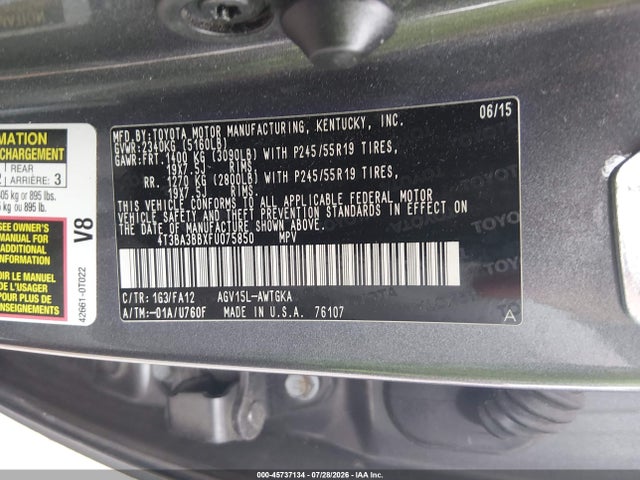 2015 Toyota Venza Le მანქანა იყიდება აუქციონზე, vin: 4T3BA3BBXFU075850, აუქციონის ნომერი: 45737134