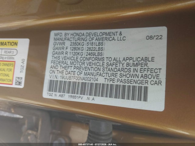 2022 Acura Tlx Type S მანქანა იყიდება აუქციონზე, vin: 19UUB7F00NA002104, აუქციონის ნომერი: 45737140