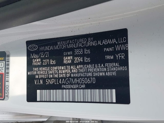 Продажа на аукционе авто 2021 Hyundai Elantra Se, vin: 5NPLL4AG7MH050670, номер лота: 45737145