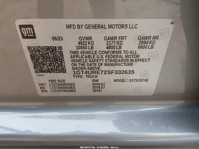 45737146 :رقم المزاد ، 1GT4URE72SF332635 vin ، 2025 Gmc Sierra 2500hd 4wd  Standard Bed Denali مزاد بيع
