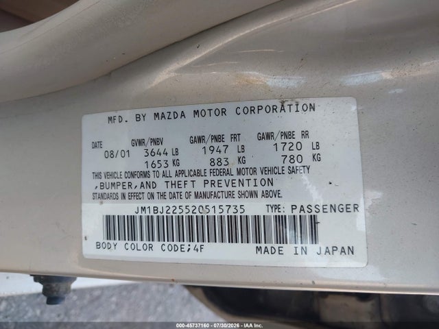 45737160 :رقم المزاد ، JM1BJ225520515735 vin ، 2002 Mazda Protege Dx/es/lx مزاد بيع