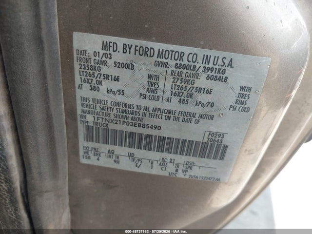 Aukcja sprzedaży 2003 Ford F-250 Lariat/xl/xlt, vin: 1FTNX21P03EB85490, numer aukcji: 45737162