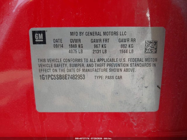 1G1PC5SB8E7482953 Chevrolet Cruze 1lt Auto