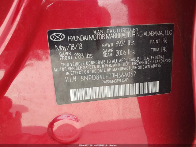 5NPD84LF0JH366062 Hyundai ELANTRA SEL