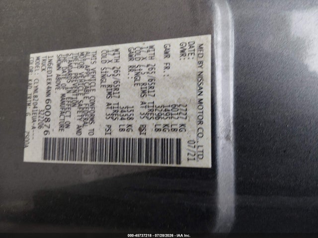 45737218 :رقم المزاد ، 1N6ED1EK4NN600876 vin ، 2022 Nissan Frontier Sv 4x4 مزاد بيع