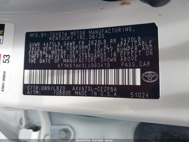 2020 Toyota Camry Xse მანქანა იყიდება აუქციონზე, vin: 4T1K61AKXLU983419, აუქციონის ნომერი: 45737232