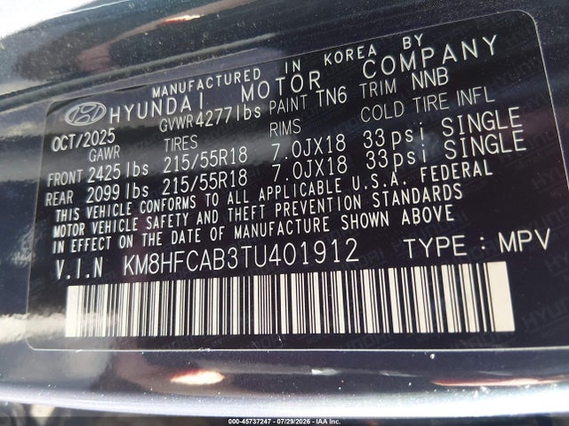 Aukcja sprzedaży 2026 Hyundai Kona Sel Sport, vin: KM8HFCAB3TU401912, numer aukcji: 45737247
