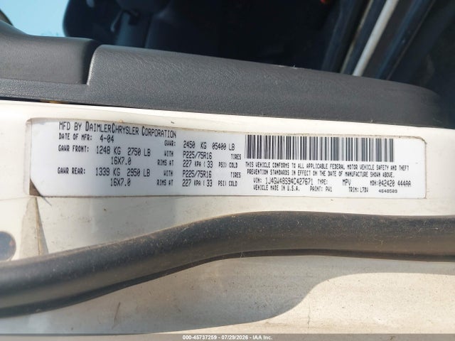 Aukcja sprzedaży 2004 Jeep Grand Cherokee Laredo, vin: 1J4GW48S94C427671, numer aukcji: 45737259