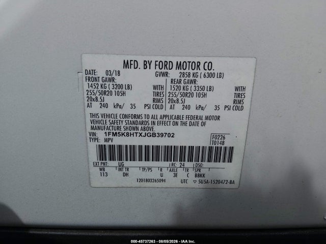 45737263 :رقم المزاد ، 1FM5K8HTXJGB39702 vin ، 2018 Ford Explorer Platinum مزاد بيع