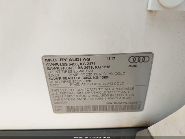 Aukcja sprzedaży 2018 Audi Q5 2.0t Premium/2.0t Tech Premium, vin: WA1BNAFY6J2090879, numer aukcji: 45737264