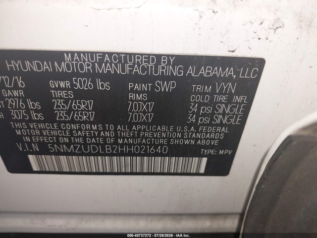 Продаж на аукціоні авто 2017 Hyundai Santa Fe Sport 2.4l, vin: 5NMZUDLB2HH021640, номер лоту: 45737272
