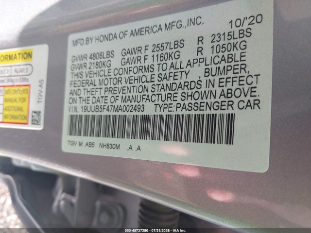 Aukcja sprzedaży 2021 Acura Tlx Technology Package, vin: 19UUB5F47MA002493, numer aukcji: 45737280