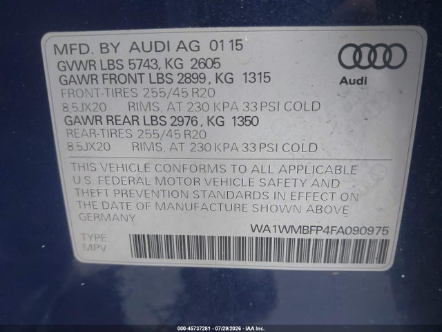 Продаж на аукціоні авто 2015 Audi Q5 3.0 Tdi Premium Plus, vin: WA1WMBFP4FA090975, номер лоту: 45737281