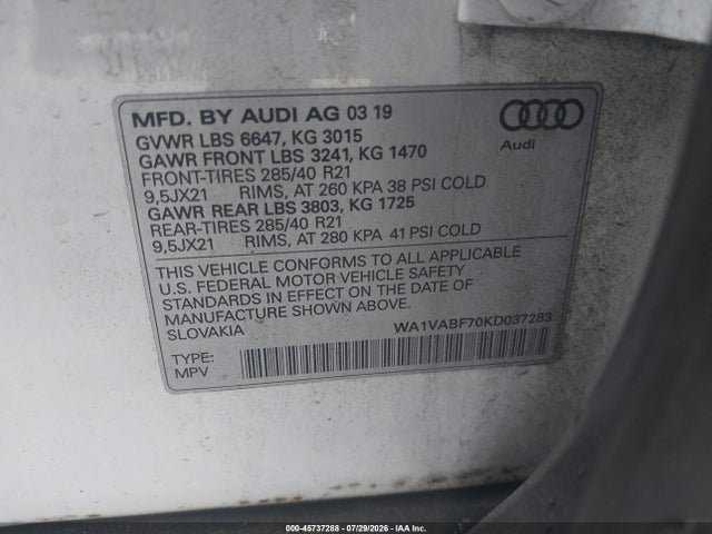 Aukcja sprzedaży 2019 Audi Q7 55 Premium, vin: WA1VABF70KD037283, numer aukcji: 45737288
