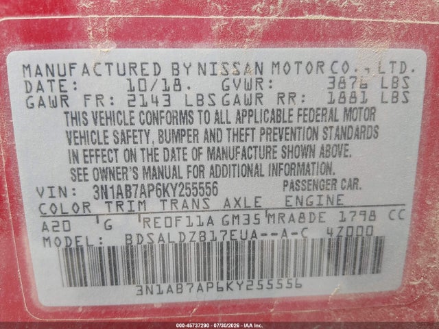 Nissan SENTRA SV 2019 3N1AB7AP6KY255556 Image 9