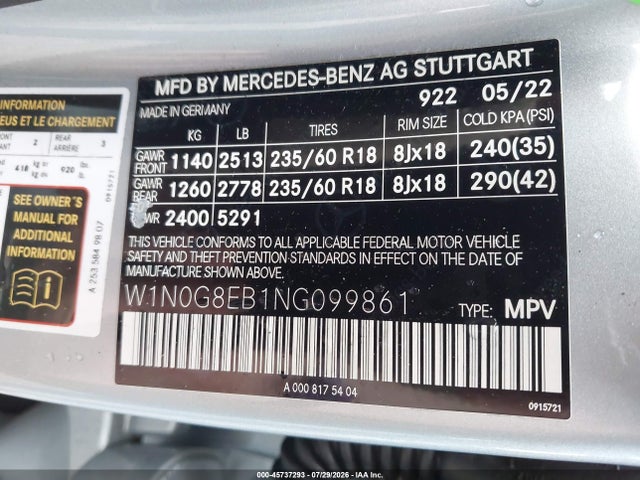 Aukcja sprzedaży 2022 Mercedes-benz Glc 300 4matic Suv, vin: W1N0G8EB1NG099861, numer aukcji: 45737293
