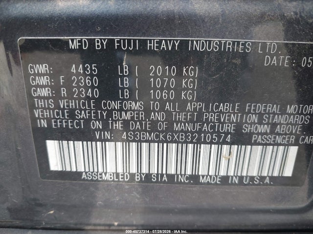 45737314 :رقم المزاد ، 4S3BMCK6XB3210574 vin ، 2011 Subaru Legacy 2.5i Limited مزاد بيع