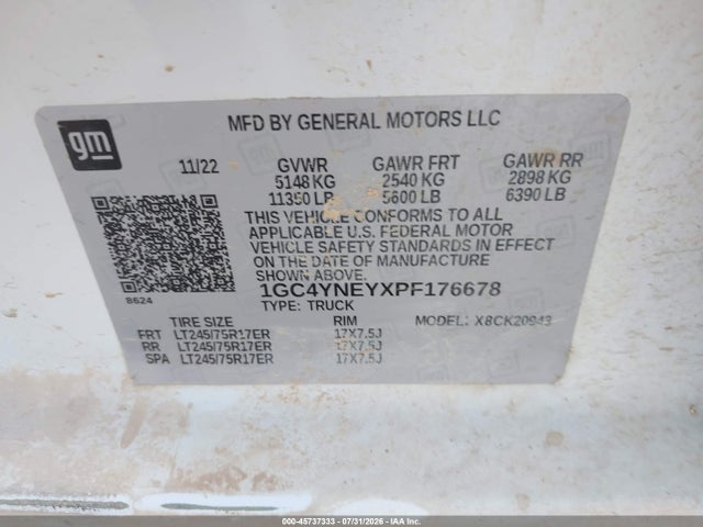2023 Chevrolet Silverado 2500hd 4wd  Long Bed Lt მანქანა იყიდება აუქციონზე, vin: 1GC4YNEYXPF176678, აუქციონის ნომერი: 45737333