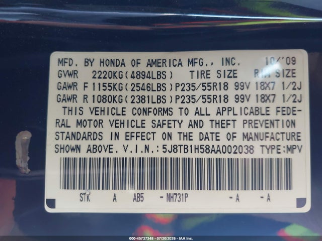 2010 Acura Rdx მანქანა იყიდება აუქციონზე, vin: 5J8TB1H58AA002038, აუქციონის ნომერი: 45737348
