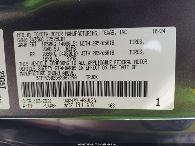 45737349 :رقم المزاد ، 5TFPC5DB5SX087290 vin ، 2025 Toyota Tundra Hybrid Trd Pro Hybrid Crewmax 5.5' Bed مزاد بيع