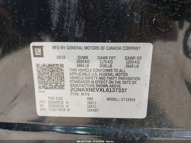Aukcja sprzedaży 2020 Chevrolet Equinox Fwd Premier 1.5l Turbo, vin: 2GNAXNEVXL6137337, numer aukcji: 45737356