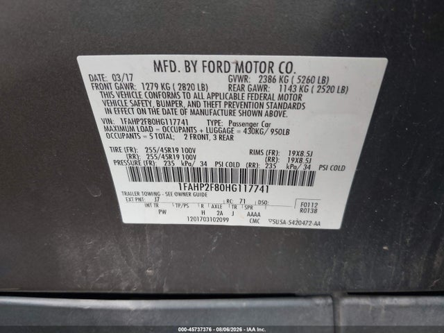 Продажа на аукционе авто 2017 Ford Taurus Limited, vin: 1FAHP2F80HG117741, номер лота: 45737376