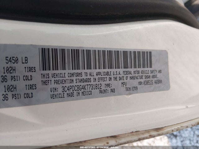 Aukcja sprzedaży 2019 Dodge Journey Se, vin: 3C4PDCBG4KT731812, numer aukcji: 45737383