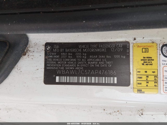 45737390 :رقم المزاد ، WBAWL7C57AP476186 vin ، 2010 Bmw 335i مزاد بيع