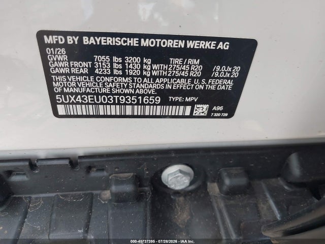 45737395 :رقم المزاد ، 5UX43EU03T9351659 vin ، 2026 Bmw X5 Phev Xdrive50e مزاد بيع