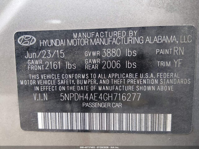 Продажа на аукционе авто 2016 Hyundai Elantra Se, vin: 5NPDH4AE4GH716277, номер лота: 45737403
