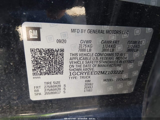 Aukcja sprzedaży 2021 Chevrolet Silverado 1500 4wd  Standard Bed Rst, vin: 1GCRYEED2MZ103222, numer aukcji: 45737407