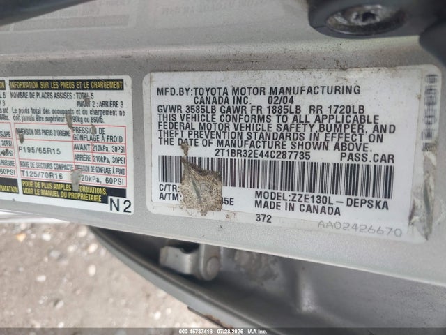 45737418 :رقم المزاد ، 2T1BR32E44C287735 vin ، 2004 Toyota Corolla S مزاد بيع