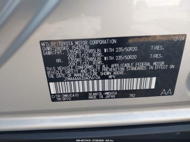 45737419 :رقم المزاد ، JTMAAAAA3SA056106 vin ، 2025 Toyota Bz4x Limited مزاد بيع