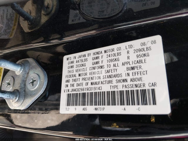 45737424 :رقم المزاد ، JH4CU26619C019143 vin ، 2009 Acura Tsx مزاد بيع