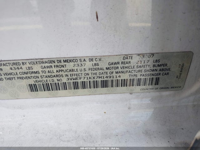 Aukcja sprzedaży 2007 Volkswagen Jetta Wolfsburg Edition, vin: 3VWEF71KX7M149114, numer aukcji: 45737430