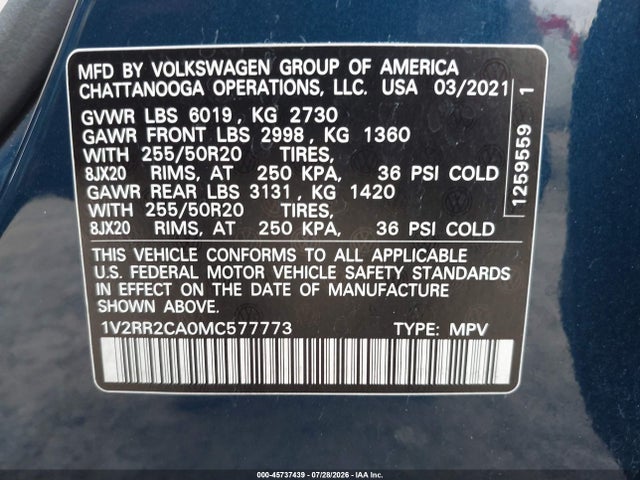 2021 Volkswagen Atlas 3.6l V6 Se W/technology R-line მანქანა იყიდება აუქციონზე, vin: 1V2RR2CA0MC577773, აუქციონის ნომერი: 45737439